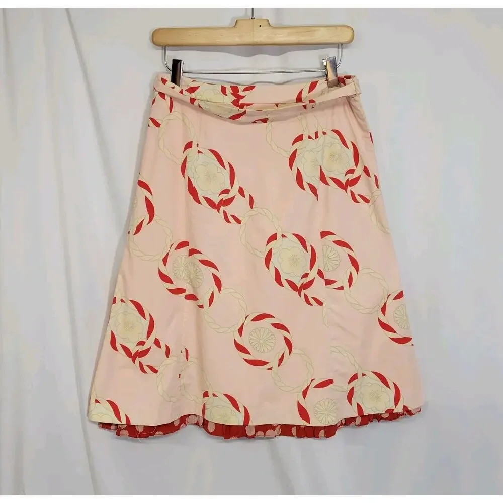 Anthropologie Odille Pink Red Cotton Polka Dot Ruffle Detail A-Line Skirt Size 2